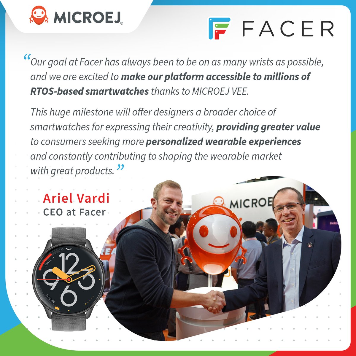 ⌚ Gain access to a catalog of over 500,000 watch faces: microej.com/facer-certifie…

<a href="/facer_io/">Facer</a>  and MicroEJ have teamed up to transform RTOS smartwatches, offering access to Facer's extensive collection of watch faces, designed by 40,000 independent creators and top brands.