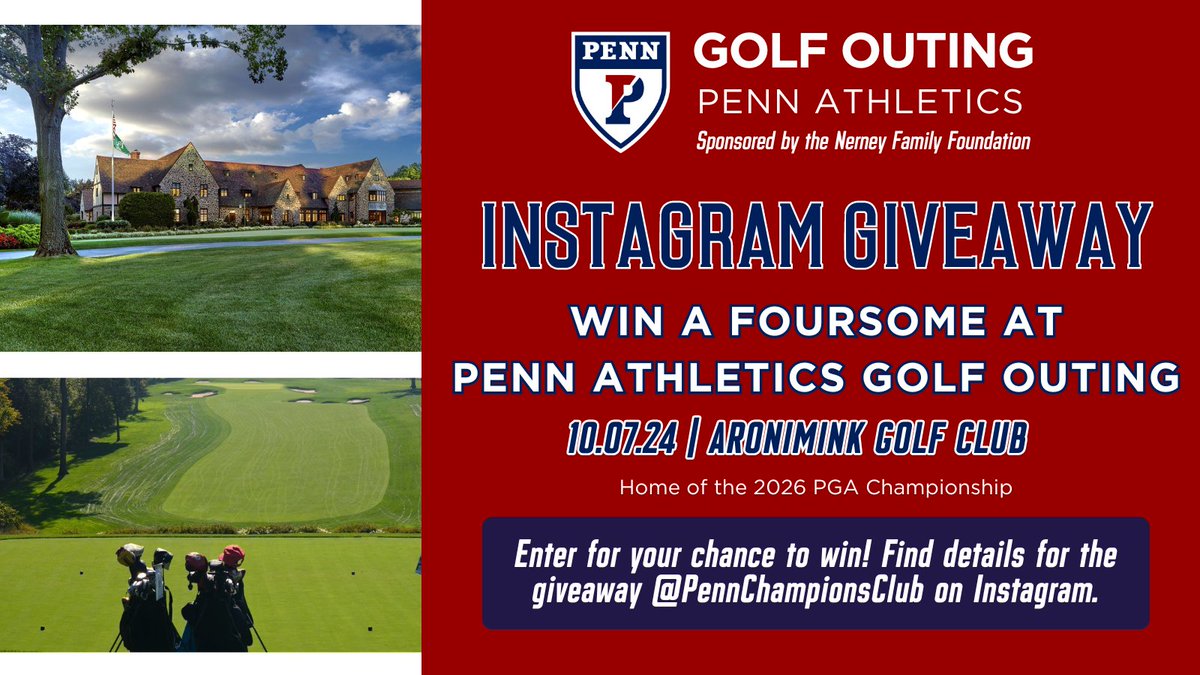 WIN A FOURSOME AT ARONIMINK GOLF CLUB‼️

Enter for your chance to participate in the Penn Athletics Golf Outing on Monday, October 7th at the home of the 2026 PGA Championship! 

Head over to our Instagram (@PennChampionsClub) for more details. 

#PCC #PennAthGolfOuting #GoPenn