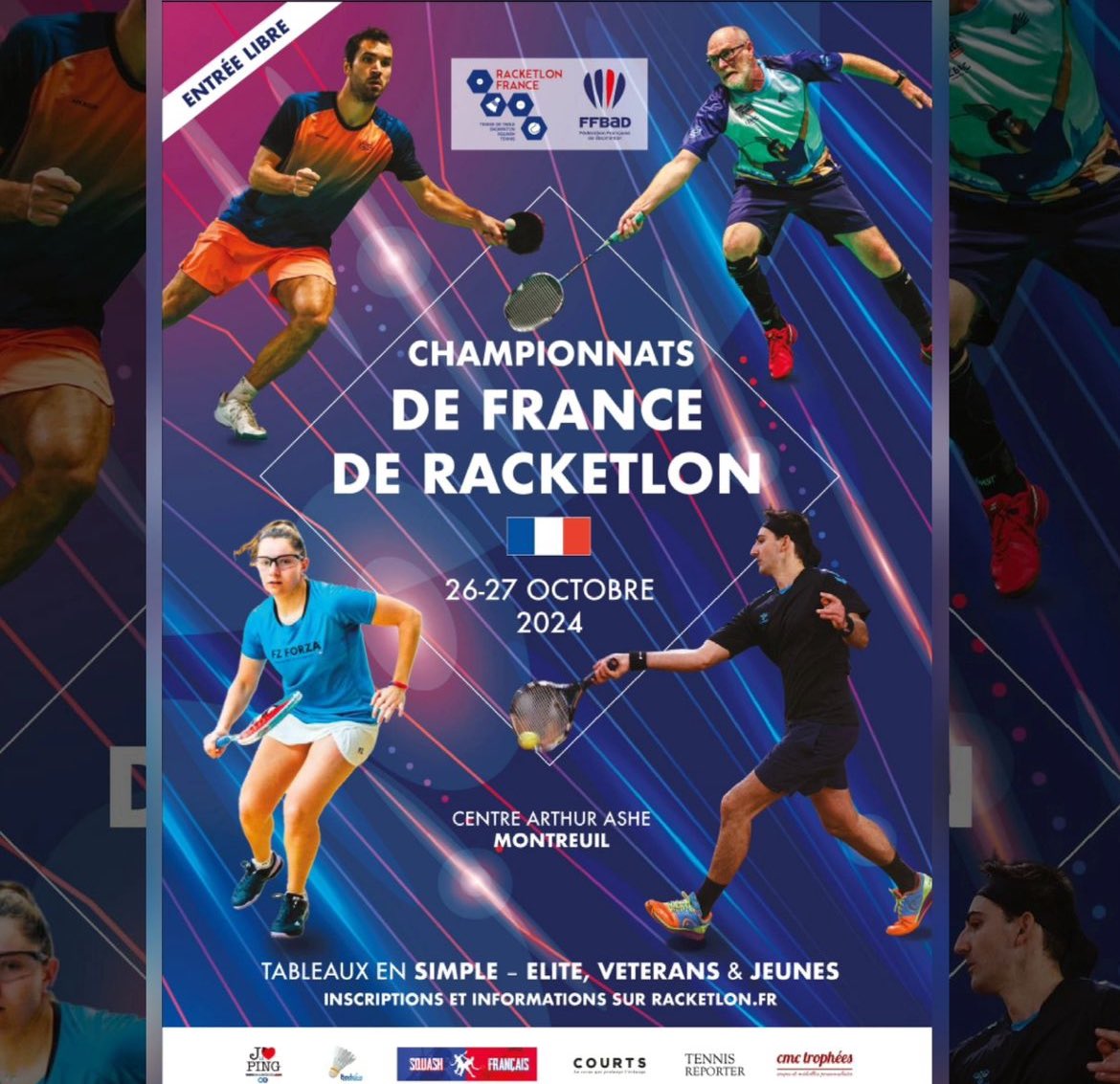RacketlonF's tweet photo. 🗓️⚠️ Les 26 et 27 octobre 2024, le centre sportif Arthur Ashe (Montreuil, 93) accueillera la deuxième édition des championnats de France de racketlon.

Nous vous attendons nombreux ! 

🏓🏸⚫️🎾 

#racketlon

@FFBaD 
@FFSquash 
@ffttofficiel 
@FFTennis https://t.co/mNe7aRwgMj