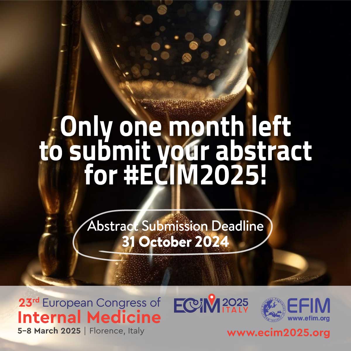 EFIM_EU's tweet photo. The abstract submission deadline is just A MONTH AWAY! Submissions are due by 31 October. Wondering what topics are accepted? View all abstract submission topics here:  https://t.co/EBxFjdIx4J
#ECIM2025 https://t.co/rtOevAipV8