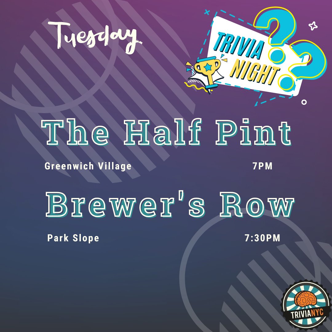 TriviaNYC's tweet photo. You've got a sub at @thehalfpintnyc tonight! Trivia starts at 7pm
@brewersrownyc has Shawn @smiller345 as always! Kicks off at 7:30pm there! https://t.co/Ao6SsBTfZE