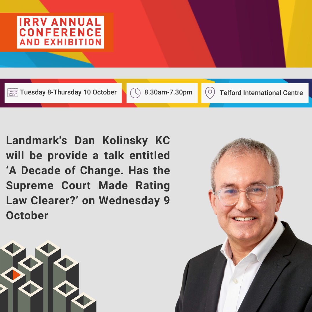 Landmark's Dan Kolinsky KC is a speaker at the 2024 IRRV Conference &amp; Exhibition which will take place in person on 8, 9 and 10 October at Telford International Centre.

To find out more about the conference, please follow the link-bit.ly/3zl7GI3