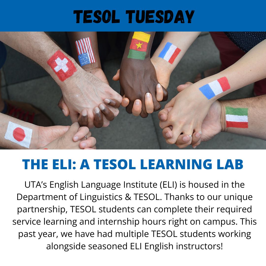 Linguistics & TESOL (@linguistics_uta) on Twitter photo Our graduate TESOL programs are offered as both fully online or in-person classes. And we incorporate internship experiences! Contact ling.advisor@uta.edu for info on applying to our MA in TESOL or our Graduate Certificate in TESOL! Our graduate TESOL programs are offered as both fully online or in-person classes. And we incorporate internship experiences! Contact ling.advisor@uta.edu for info on applying to our MA in TESOL or our Graduate Certificate in TESOL!