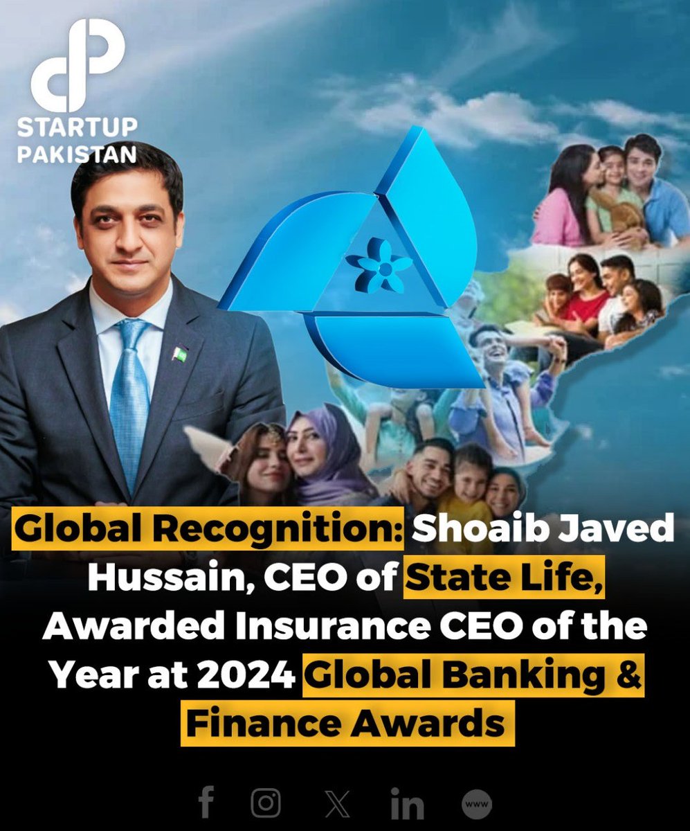 PakStartup's tweet photo. The @StateLifeInsur4 (SLIC) and its CEO, Mr. Shoaib Javed Hussain, have been honoured at the prestigious 2024 Global Banking &amp; Finance Awards®.

#Global #Recongnition #StateLife #Finance https://t.co/jcR201lo7Q