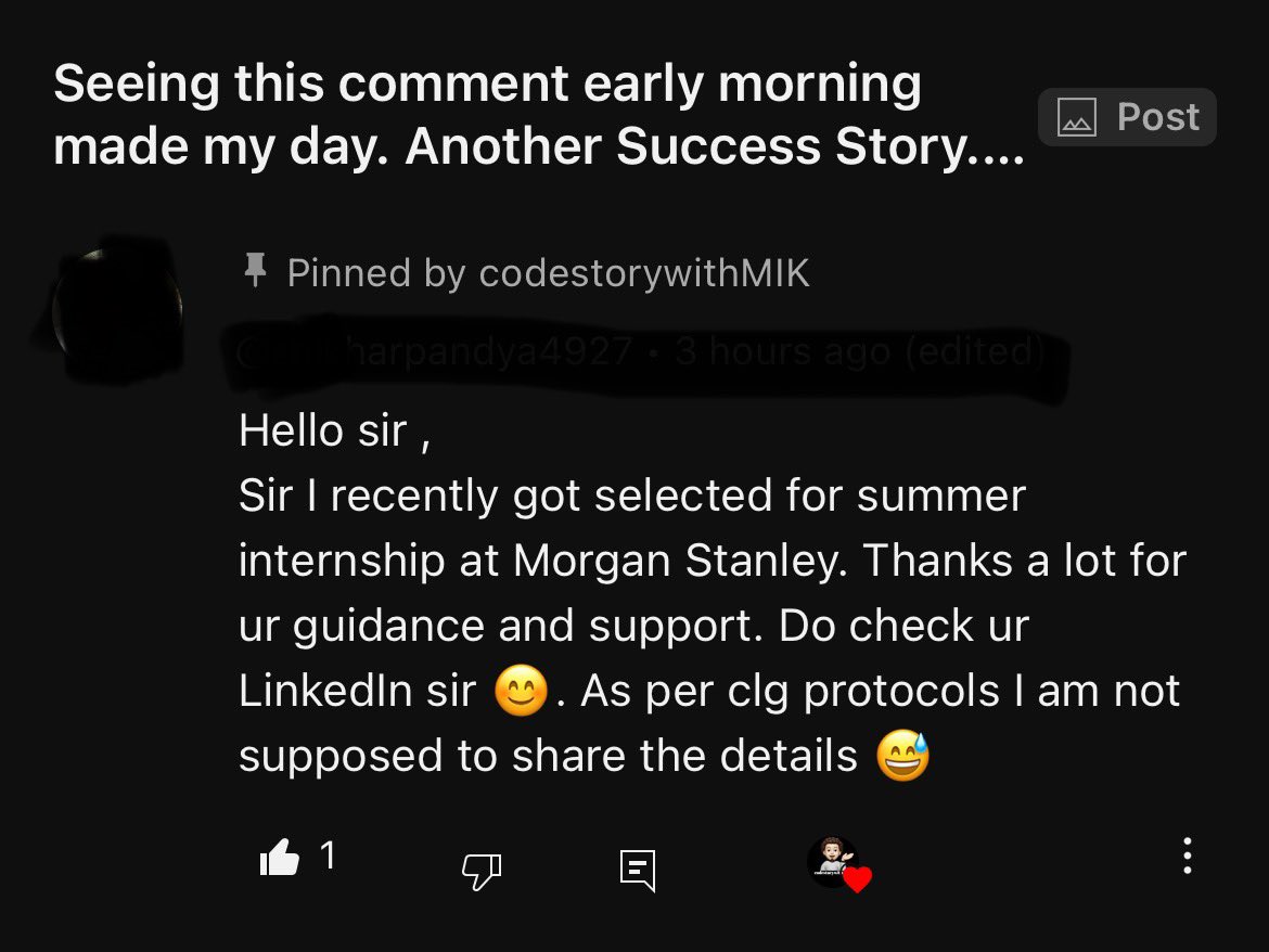 CSwithMIK's tweet photo. Another Success Story.
#MorganStanley
Congratulations 🎉🎉😇😇❤️❤️
#codestorywithmik #codestorywithMIK
#internship #crackes https://t.co/uNwRl9gcIx