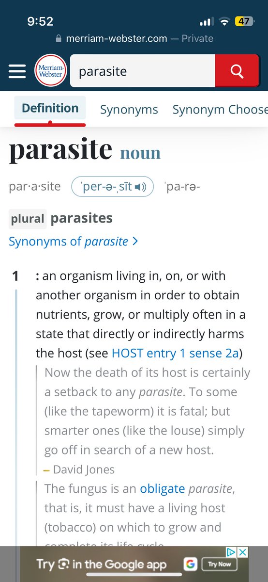 A__Tier's tweet photo. @TheBloodyNerve @kalebjackson00 @likethegamers Oh look I can find a definition that supports my side too 😂. Babies are parasitic in nature, better classified as parasitism. 
 
below is a link to published scientific work on the principles of parasitism. Note the nonexistent of separate species req.
https://t.co/SVI2pQ69bl https://t.co/HzM7Iw4gz7