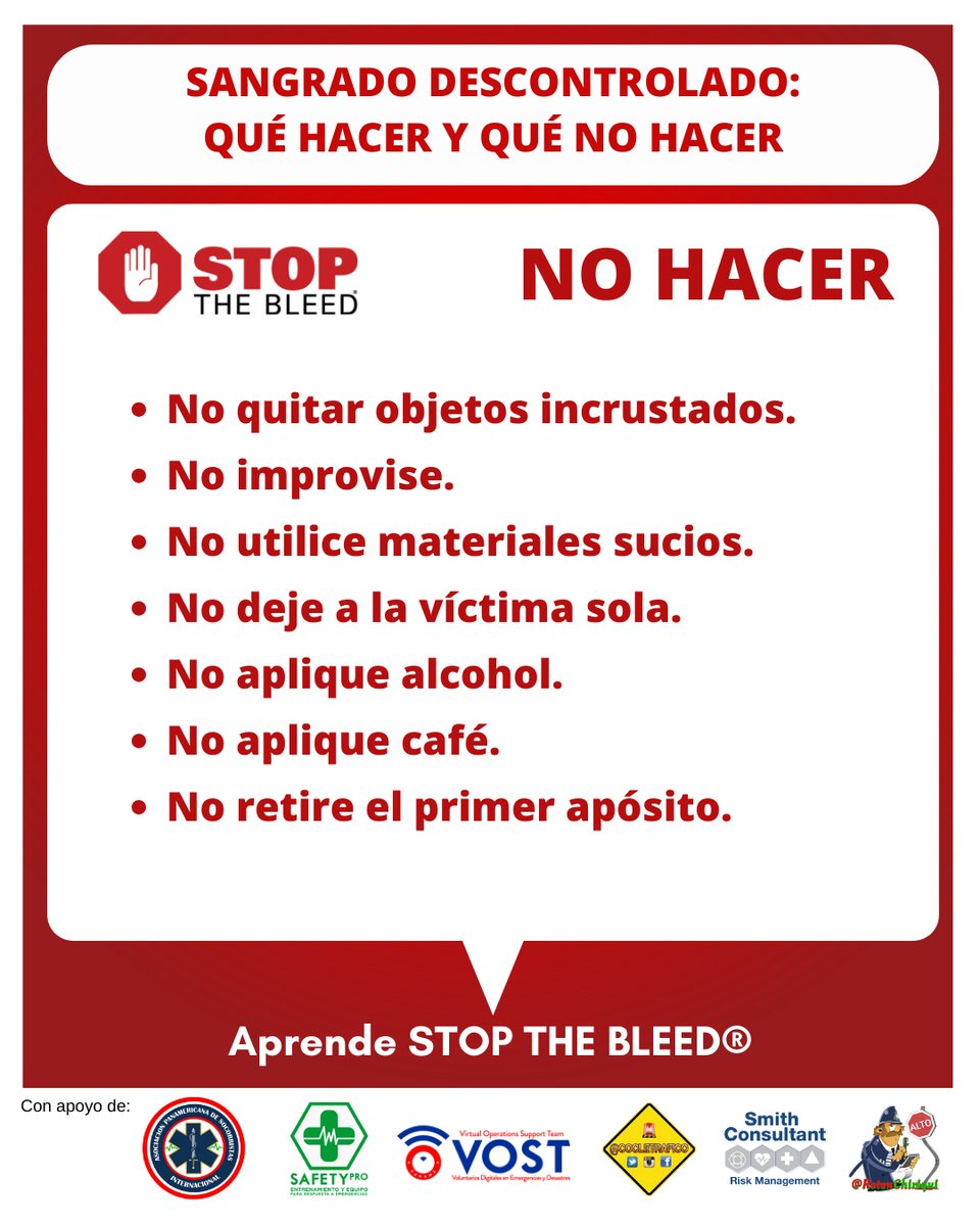 VOSTpanama's tweet photo. Que hacer y no hacer cuando hay un sangrado descontrolado. @BCBRP @SUME911 @CruzRojaPanama @osmithgallardo @CSSPanama #VostPanamá https://t.co/ZcNZF1GalS