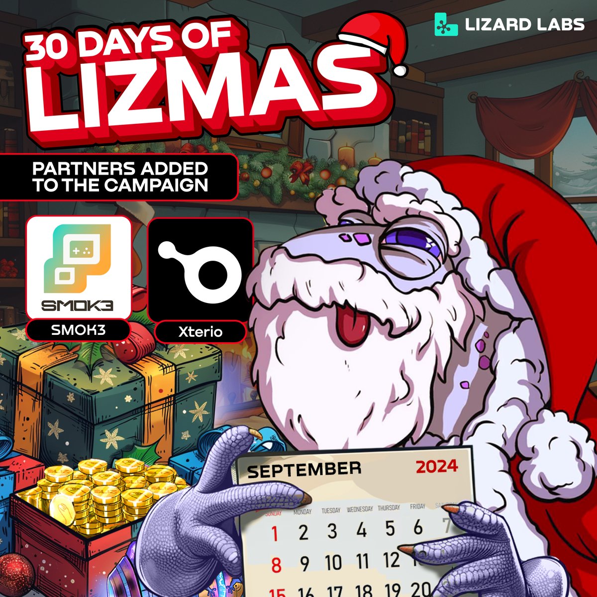 Ethlizards's tweet photo. Gm Lizmas Lizards! 🎅

Thrilled to add our frens at SMOK3 and Xterio to our 30 Days of Lizmas campaign!

Their community members and asset holders get a higher score in our programmatic airdrop, increasing their overall position to qualify for $LIZ at TGE 🪂 https://t.co/RnbnAKFSae