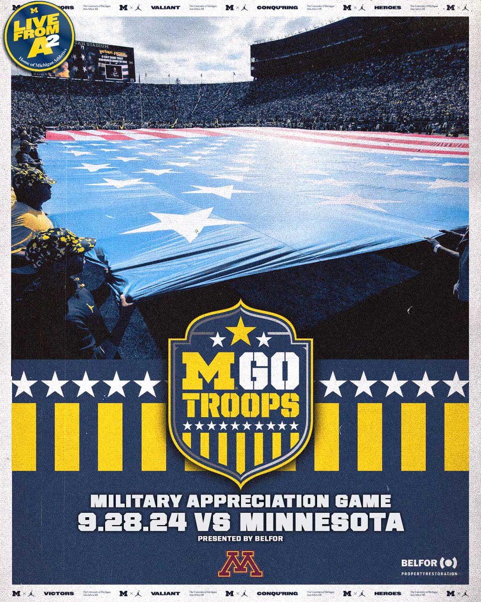 UMichAthletics's tweet photo. On Saturday we will host our annual Military Appreciation Game to honor, thank and recognize all military and veterans of our Armed Forces. If you or a loved one is serving or has served in the Military, tweet us a photo, name and Branch using #MGoTroops. https://t.co/X96NEbIjuF