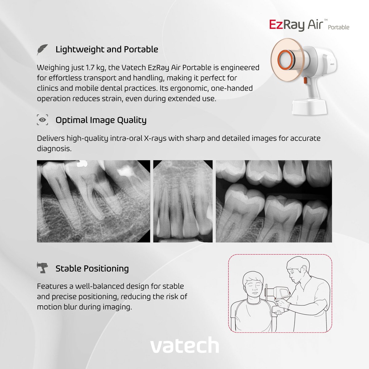 VatechUK1's tweet image. Experience the convenience of handheld X-ray with the Vatech EzRay Air Portable. effortless, safe dental imaging. Lightweight, mobile, and low-radiation. Contact sales@vatech.uk.com or call 02086521900.
#Vatech #alwaysonyourside #handheldxray #EzRayAirPortable #intraoralxray