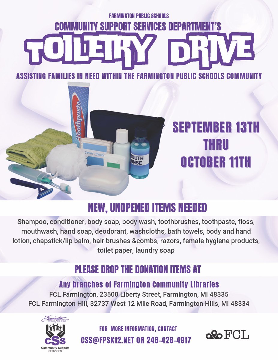 FPSInformation's tweet photo. FPS Community Support Services is hosting a Toiletry Drive until October 11th! We are accepting new, unopened toiletries that will be distributed to families in need within our community. π #FPSSuccess https://t.co/3qFlTAioR3