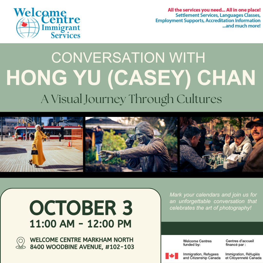 durham_york's tweet photo. Join us for a captivating conversation with Hong Yu (Casey) Chan!

Discover the stories behind his breathtaking photography and how he captures the beauty of our world through a unique lens.

🗓️ Thursday, October 3rd, 2024
🕒 11:00 AM - 12:00 PM
📍Welcome Centre Markham North https://t.co/Mnf74b6fby