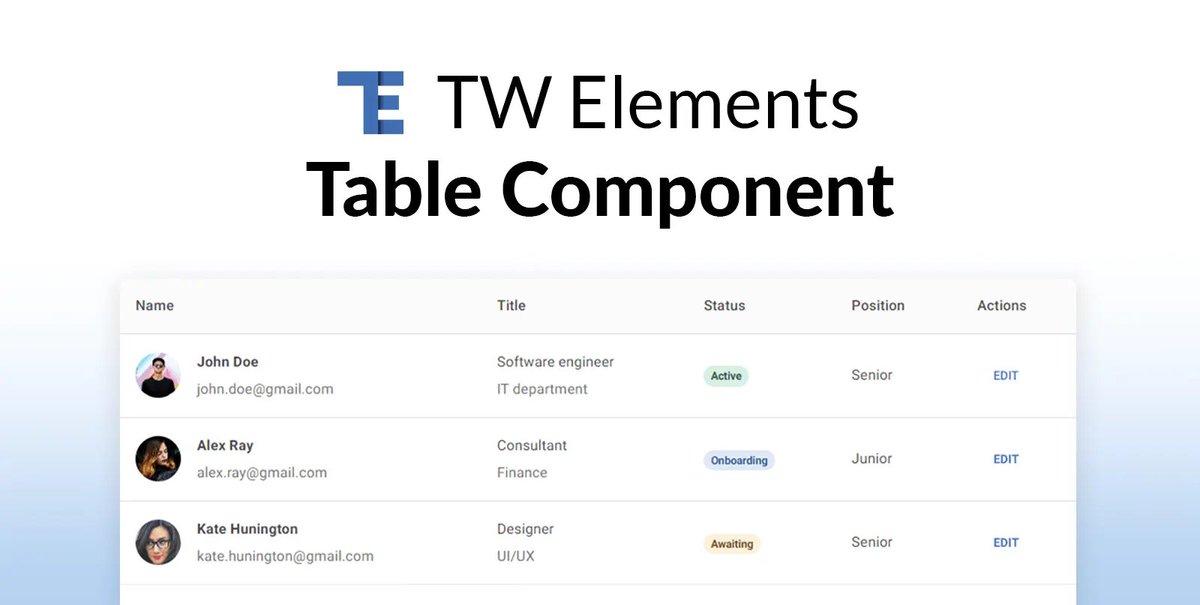 Tailwind CSS📊Tables: Use responsive Table component, with helper examples for table column width, bordered and striped tables, pagination, fixed header, overflow, spacing &amp; more.

📊Tables for Tailwind CSS as Data requires⏬
tw-elements.com/docs/standard/…