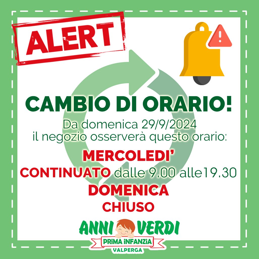 anni_verdi's tweet photo. #ATTENZIONE! Da domenica 29/09 cambieranno i nostri orari!
Il MERCOLEDI' seguiremo l'orario CONTINUATO dalle 9 alle 19.30
La DOMENICA saremo CHIUSI!
Cosa ne pensate? Fatecelo sapere nei commenti 🙂
#anniverdi #canavese #orariocontinuato #soloilmegliopervoi #tuttoperilbambino https://t.co/4ck56SBbtf