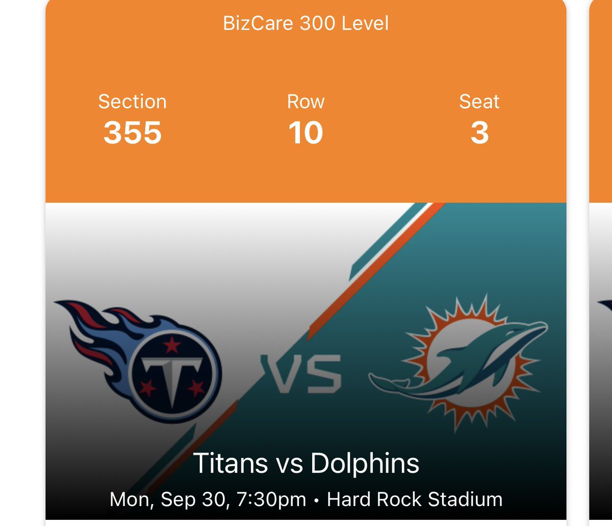 RoXxinatOr's tweet photo. Selling two tickets and a yellow parking pass for Monday’s game against the Titans. Section 355, Row 10, Seats 3-4. #FinsUp https://t.co/MgwKvfd8iJ