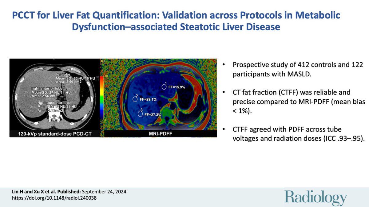 📊 New study validates photon-counting detector CT for accurate, protocol-independent liver fat quantification in metabolic dysfunction–associated steatotic liver disease. Applicable across various imaging settings! 🩻#Radiology
pubs.rsna.org/doi/10.1148/ra…