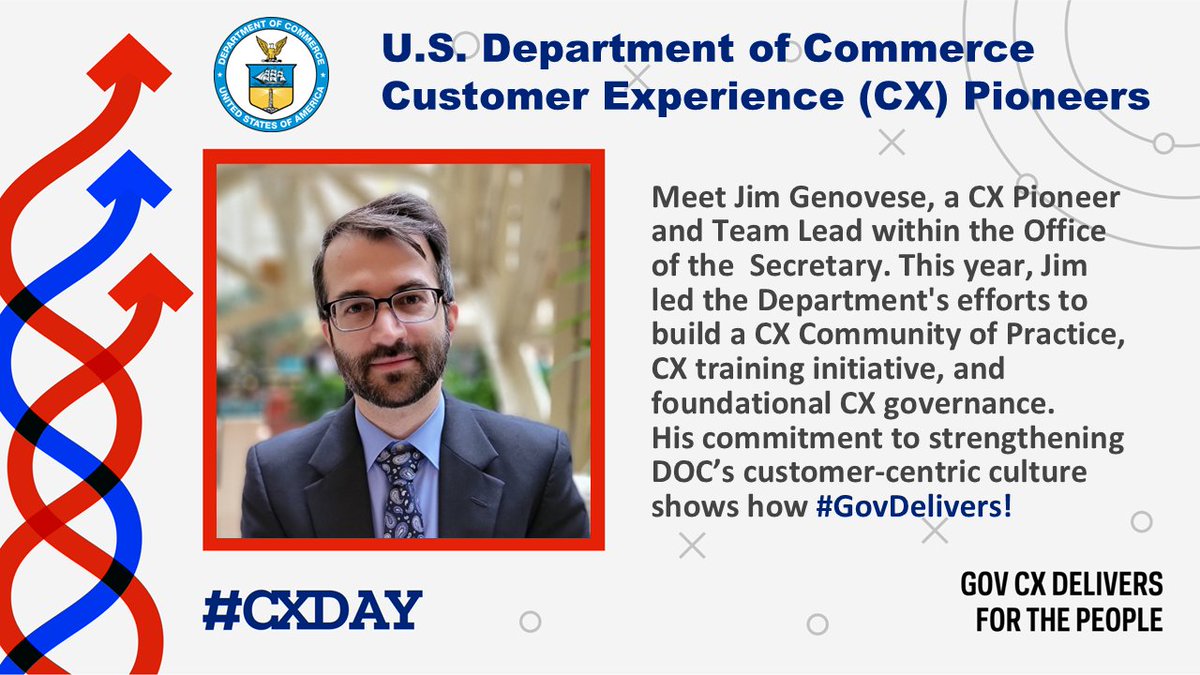 CommerceGov's tweet image. Join @CommerceGov in celebrating #CXDay and the people behind the scenes who deliver impact for all Americans. Meet the Department’s CX Pioneers working to improve the experiences the American public has with our services. #GovDelivers #GovCX