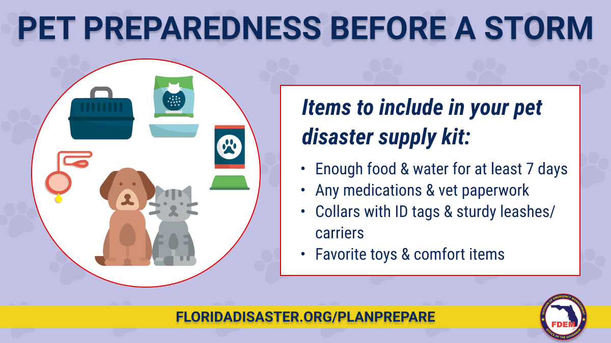 It's NEVER okay to leave your pet behind in a storm! There are pet friendly shelters in your area if you evacuate for Tropical Storm #Helene.

Remember to call ahead &amp; confirm availability &amp; visit FloridaDisaster.org/Counties for local Emergency Management info.