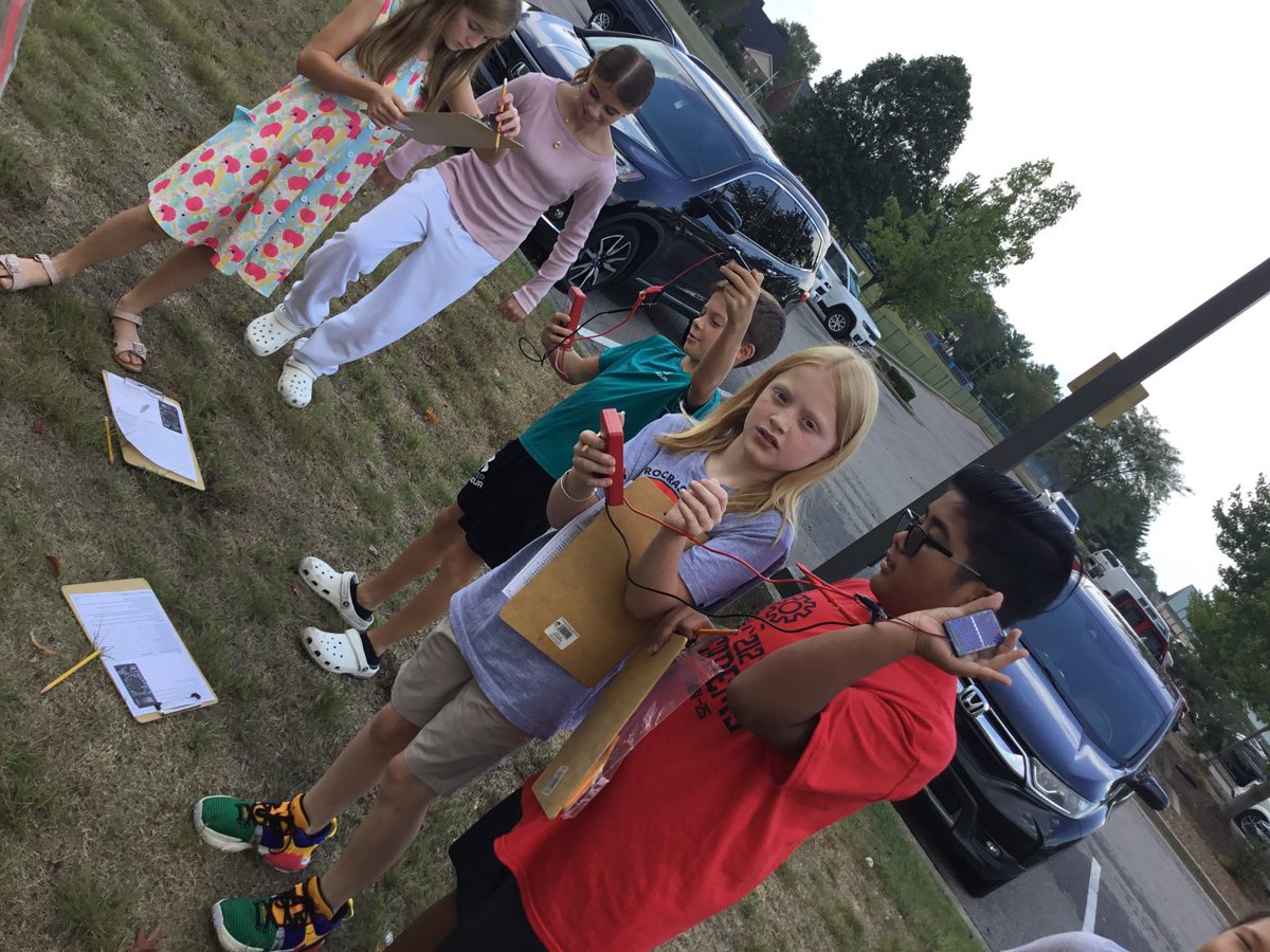 Today, students connected mini solar panels to digital multimeters to investigate the amount of electricity produced by the panel with various weather conditions simulated. Many were surprised to learn that solar panels work even on overcast days!