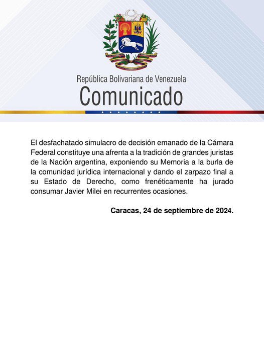 #24SEP || La República Bolivariana de
Venezuela repudia la írrita decisión de una instancia del desprestigiado poder judicial argentino, en contra del Pdte. <a href="/NicolasMaduro/">Nicolás Maduro</a> y del Ministro del <a href="/MijpVzla/">MPPRIJP</a> Cap. @DCabellor, que no es más que una burda reacción de retaliación.

1/3