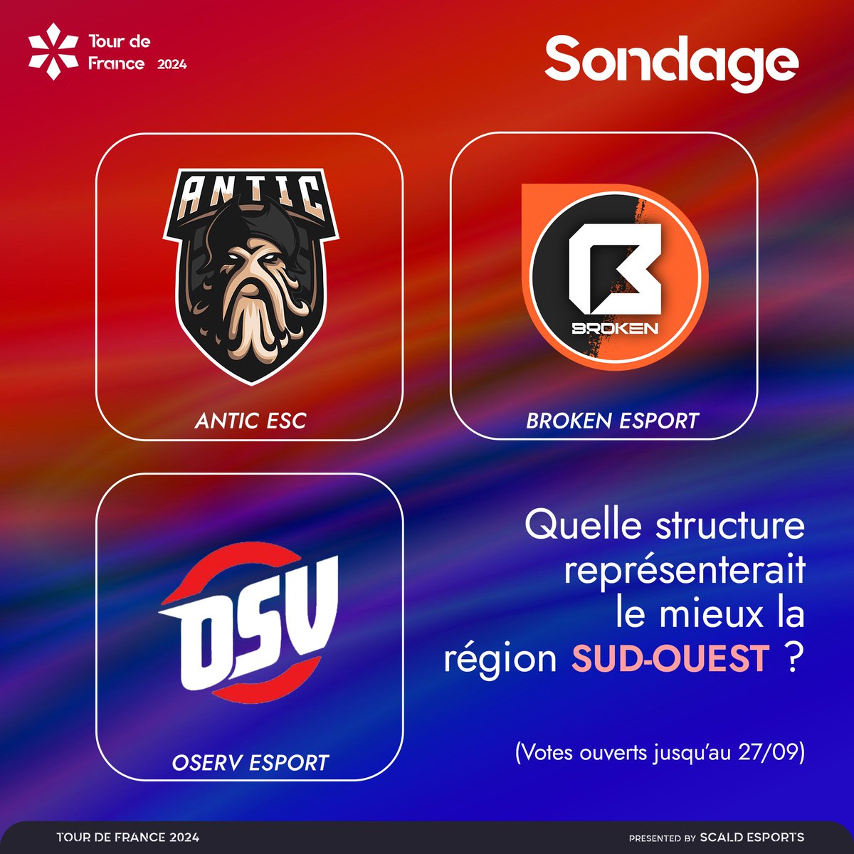 Scald eSports (@scald_esports) on Twitter photo Direction le Sud-Ouest cette fois-ci, avec le second et ultime Sondage Communautaire de cette année 🗳️
Qui de <a href="/AnticeSport/">Antic ESC</a>, <a href="/esport_broken/">Broken Esport</a> ou de <a href="/OservEsport/">OSV | #OSVWIN 🔴</a> iront s'affronter en Duel pour la place au Main Event ?
C'est à VOUS de décider 🔽 Direction le Sud-Ouest cette fois-ci, avec le second et ultime Sondage Communautaire de cette année 🗳️
Qui de <a href="/AnticeSport/">Antic ESC</a>, <a href="/esport_broken/">Broken Esport</a> ou de <a href="/OservEsport/">OSV | #OSVWIN 🔴</a> iront s'affronter en Duel pour la place au Main Event ?
C'est à VOUS de décider 🔽