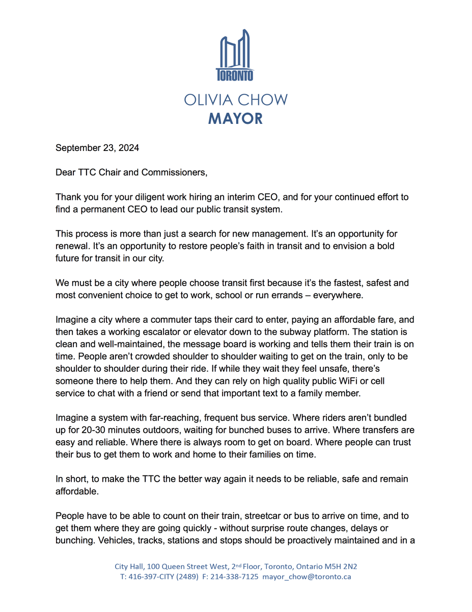 MayorOliviaChow's tweet photo. The TTC is hiring a new permanent CEO. 

I've added a letter to the TTC Board agenda outlining my vision for a transit system that will get Toronto moving. 

Read below:
https://t.co/TYwuWvFP2Z https://t.co/KoVxZ8gxqj