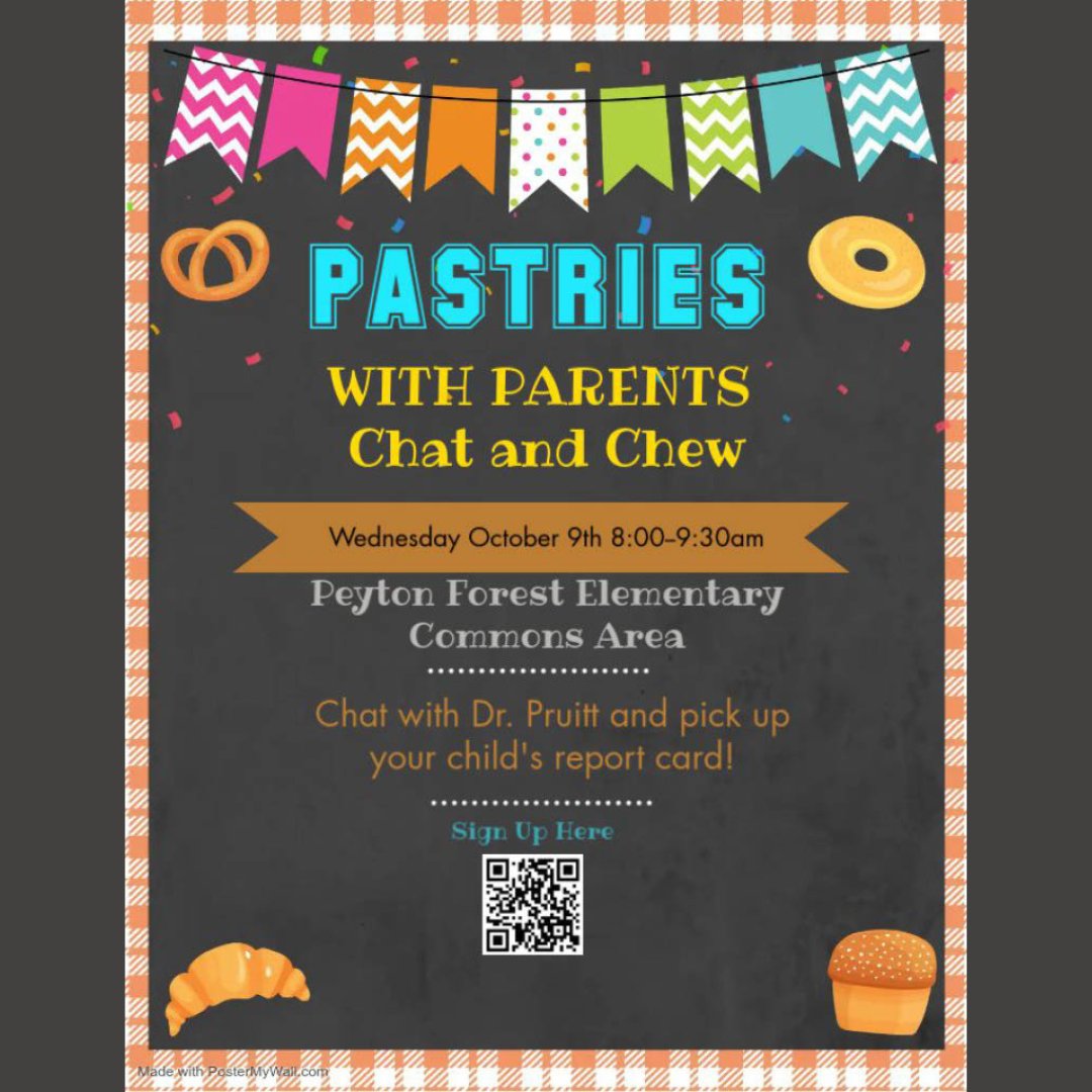 APSPeytonForest's tweet image. Join Dr. Pruitt for PASTRIES WITH PARENTS Wednesday at 8am! You can also pick up your students report card. 

¡Únase a Dr. Pruitt para PASTELES CON PADRES el miércoles a las 8 a. m.! También puede recoger la boleta de calificaciones de su estudiante. 
#successnothingless