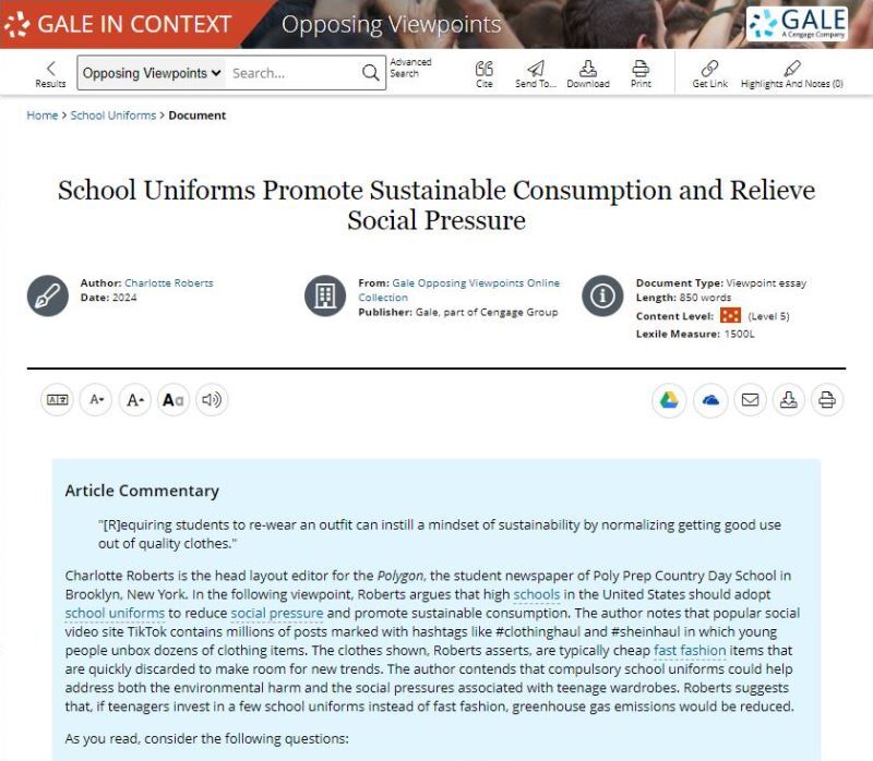 Looking for perspectives on school uniforms and fast fashion? Here's one from a student at Poly Prep Country Day School in Brooklyn, NY: bit.ly/3NbV6y9. Check out Gale In Context: Opposing Viewpoints for more: bit.ly/4e8hCni.
#GaleSchools #ContextMatters