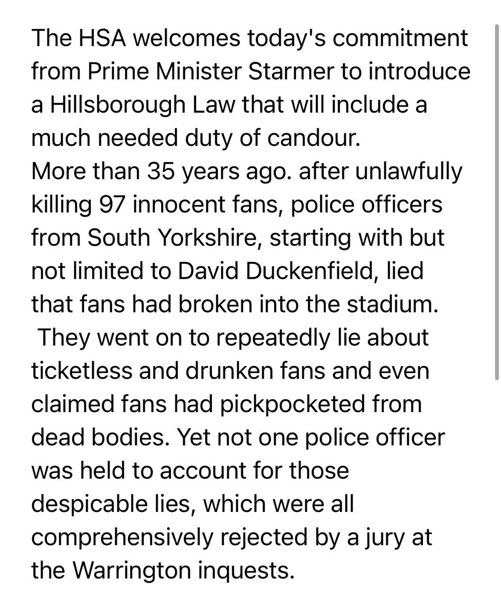 _H_S_A's tweet image. Statement from the Hillsborough Survivors Association (HSA) regarding today’s Hillsborough Law announcement: