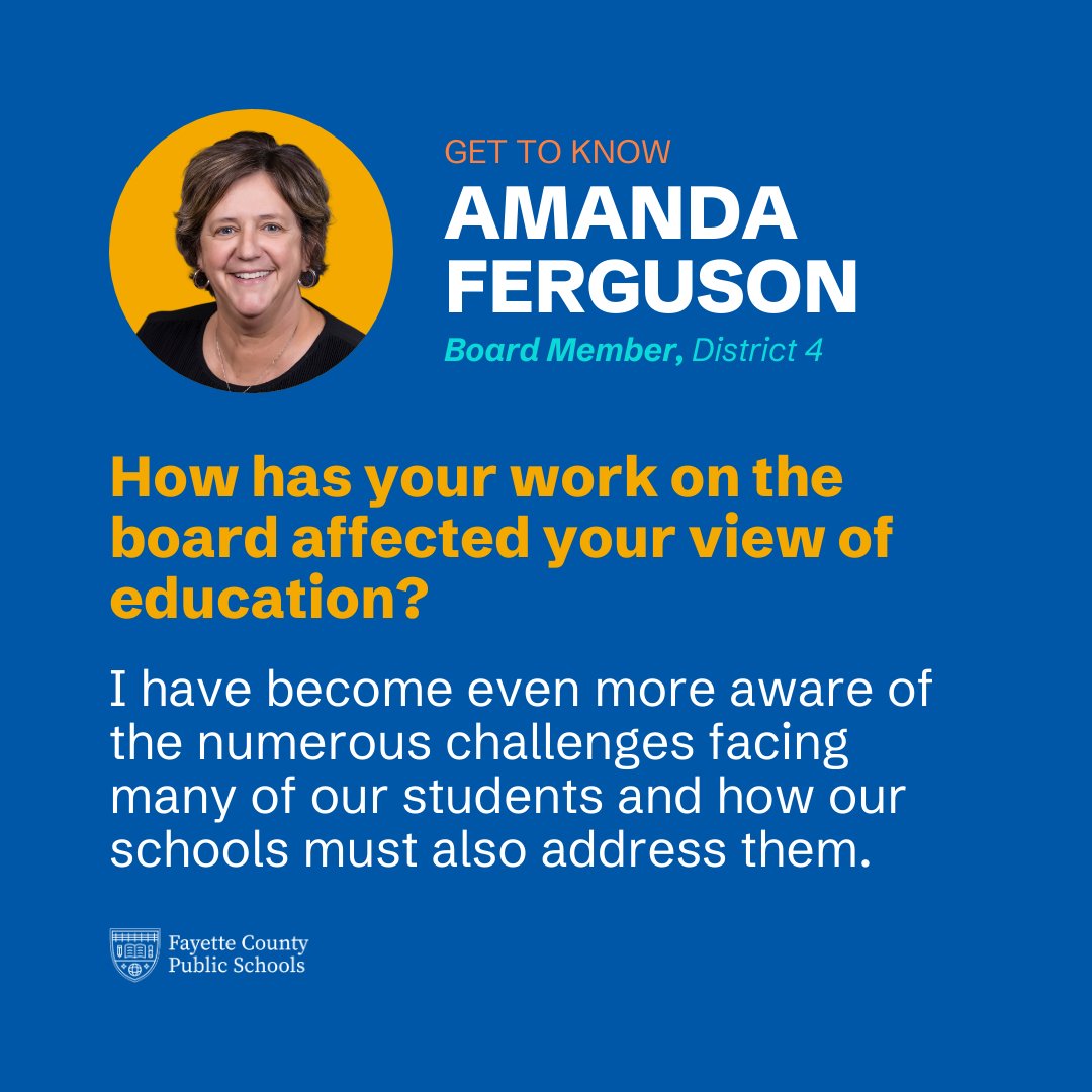 🎒 Get to know Fayette County Board of Education District 4 Representative Amanda Ferguson!

💭 Looking for more? Read Ferguson's full response at fcps.net/post-details/~…