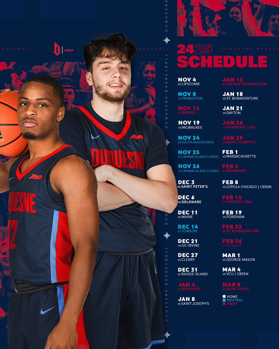 Duquesne Basketball (@duqmbb) on Twitter photo THE 2024-25 SCHEDULE. 
→ bit.ly/3XFfjBa THE 2024-25 SCHEDULE. 
→ bit.ly/3XFfjBa