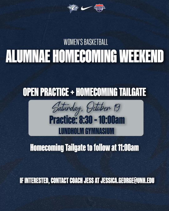 Calling all UNH WBB Alumnae🚨 Please join us for a fun filled morning of hoops followed by our homecoming tailgate.

We can’t wait to have you back on campus💙🤍🩶

#BeTheRoar
