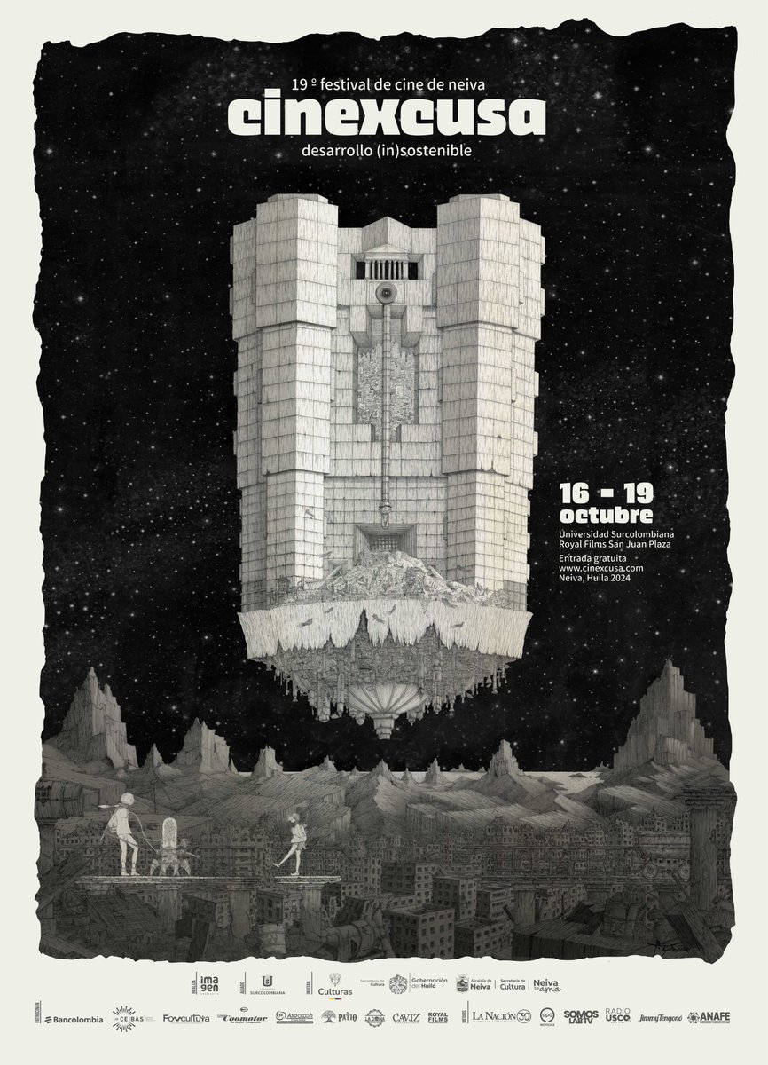 cinexcusa's tweet photo. Con ustedes el póster del #Cinexcusa2024. Un impresionante trabajo de Ilustración #Brutalista a lápiz por el artista Alfonso De Colsa. Una distopía sumamente detallada. En la fotografía Jimmy Tengonó y la intervención digital Miguel Guerrero. https://t.co/z83iQL2w70