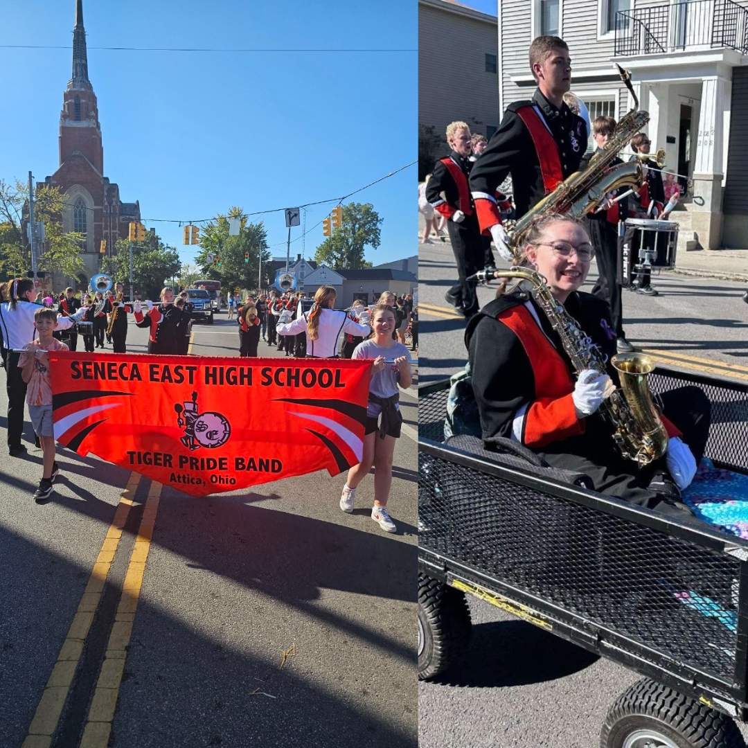 SenecaEast's tweet photo. ๐ถ On Sept. 20, the SEHS Band dedicated a special performance to Dr. Kagy in honor of her retirement! They played some of her favorites. ๐ธ The band also rocked the Tiffin Heritage Parade on Sept. 21, with a shoutout to Myley, who didnโt let an injured foot stop her! #SETigers https://t.co/JcJibuG7TP