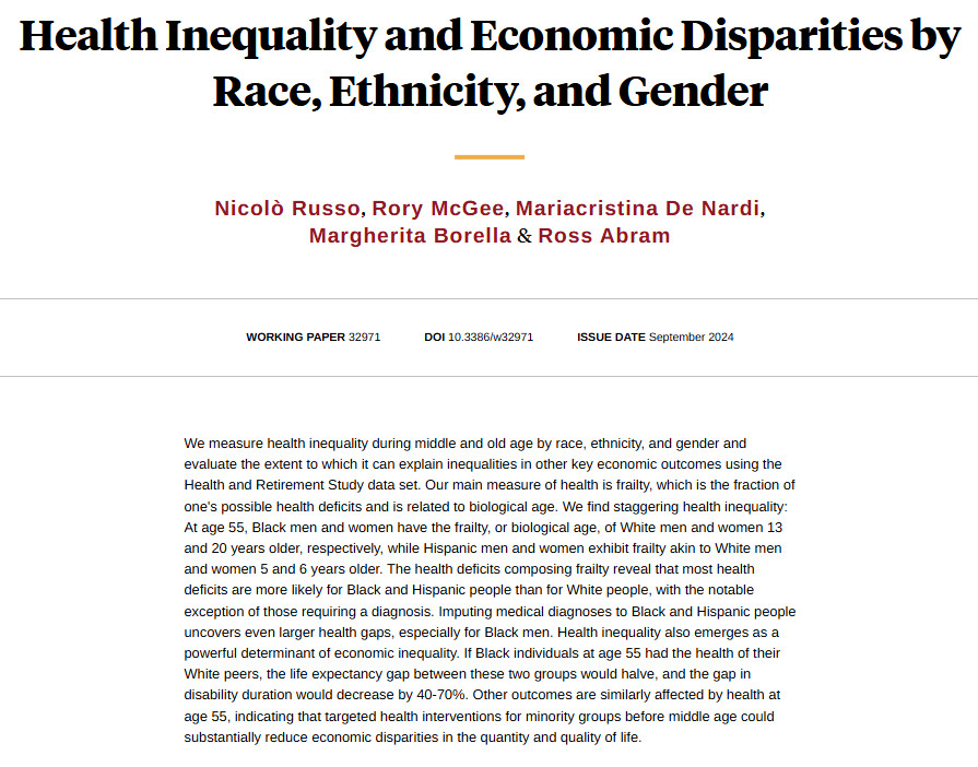 NBER (@nberpubs) on Twitter photo To what extent is health unequally distributed by race, ethnicity, and gender? How much of the inequality in other outcomes can health inequality explain? From <a href="/NicoloRusso_/">Nicolò Russo</a>, <a href="/mcgeeconomics/">Rory McGee</a>, <a href="/M_De_Nardi/">Mariacristina De Nardi</a>, <a href="/marghe__borella/">Margherita Borella</a>, and Ross Abram nber.org/papers/w32971 To what extent is health unequally distributed by race, ethnicity, and gender? How much of the inequality in other outcomes can health inequality explain? From <a href="/NicoloRusso_/">Nicolò Russo</a>, <a href="/mcgeeconomics/">Rory McGee</a>, <a href="/M_De_Nardi/">Mariacristina De Nardi</a>, <a href="/marghe__borella/">Margherita Borella</a>, and Ross Abram nber.org/papers/w32971