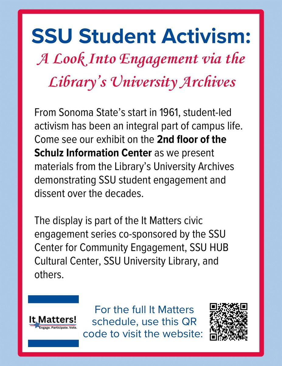 SSUCCE's tweet photo. Explore the display located on the 2nd level of the Schulz Informational Center between 9/1-10/1. The University Archives from the Library will showcase materials highlighting the history of student activism and self-expression that have influenced campus life over the decades. https://t.co/SQClftlyB7