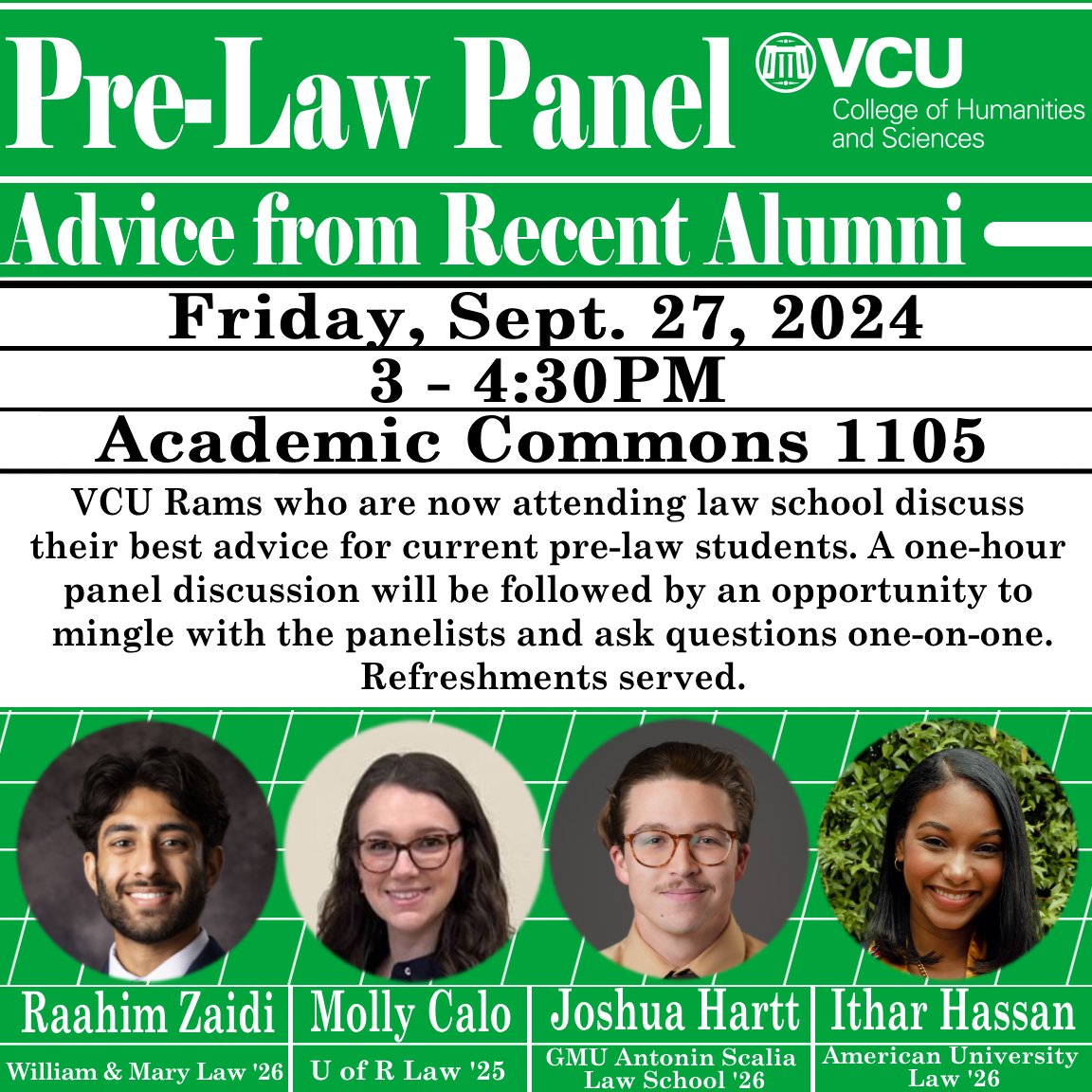 VCUCHS's tweet photo. Join the Department of Philosophy as they host a Pre-Law Panel. Recent VCU alums who are currently attending law school will offer advice, followed by a reception where guests can mingle one-on-one with speakers and ask questions. #VCUCHS https://t.co/Tma9djCPtR