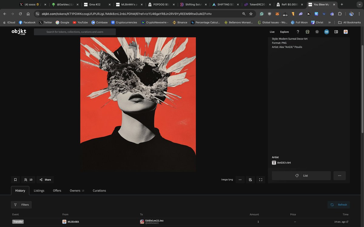 Just sent the NFT <a href="/EddieLee21_/">ᴇᴅᴅɪᴇ 🌻</a> asked for from <a href="/AlexFtoulis/">AnG3L</a> who is an amazing soul and a great artist who I have collected from and know for years. 

All people had to do today was Retweet the Space for a change to get up to a 50 TEZ NFT on Objkt or buy art from another Artist and