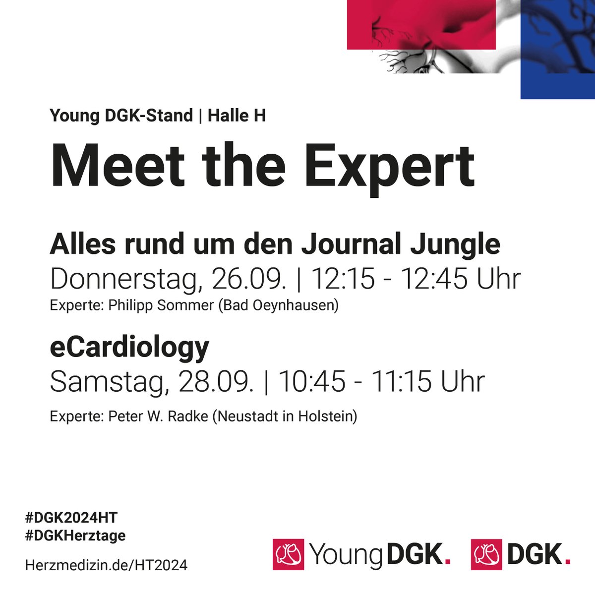 Young DGK (@youngdgk) on Twitter photo Die #DGK2024HT stehen an u. am @YoungDGK Stand finden die #MeetTheExpert Sessions statt!
26.09. sind @nschenk24 & <a href="/MoritzNies/">Moritz Nies</a> im Interview mit <a href="/Phiso_de/">Philipp Sommer</a>, Thema "Journal Jungle"
Weiter gehts am 28.09., <a href="/Hannah_Billig_/">Hannah Billig</a>& <a href="/HenrikeHillmann/">Henrike Hillmann</a> treffen Peter Radke, Thema "eCardiology" Die #DGK2024HT stehen an u. am @YoungDGK Stand finden die #MeetTheExpert Sessions statt!
26.09. sind @nschenk24 & <a href="/MoritzNies/">Moritz Nies</a> im Interview mit <a href="/Phiso_de/">Philipp Sommer</a>, Thema "Journal Jungle"
Weiter gehts am 28.09., <a href="/Hannah_Billig_/">Hannah Billig</a>& <a href="/HenrikeHillmann/">Henrike Hillmann</a> treffen Peter Radke, Thema "eCardiology"