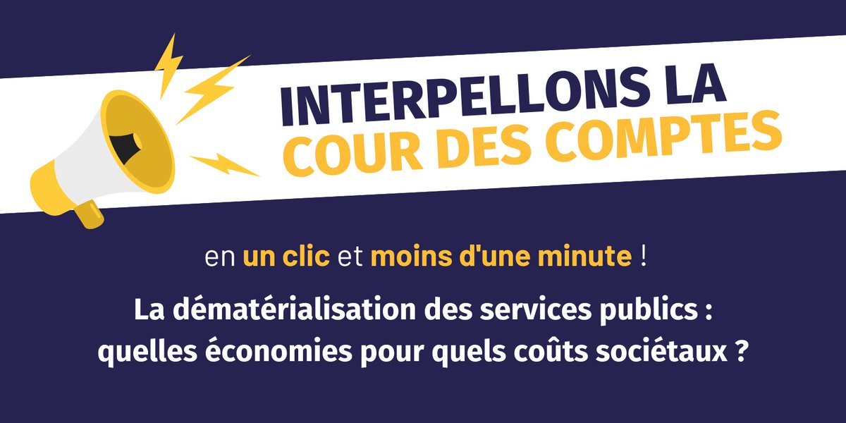 Emmaüs Connect (@emmausconnect) on Twitter photo 📣 Interpellez la Cour des comptes avec nous ! Jusqu'au 4 octobre, soutenez notre proposition 👇
💻 La dématérialisation des services publics : quelles économies pour quels coûts sociétaux ?
Etape 1️⃣ RDV par ici  🔗 participationcitoyenne.ccomptes.fr/processes/cons…
Etape 2️⃣ Partagez ! ✊ 📣 Interpellez la Cour des comptes avec nous ! Jusqu'au 4 octobre, soutenez notre proposition 👇
💻 La dématérialisation des services publics : quelles économies pour quels coûts sociétaux ?
Etape 1️⃣ RDV par ici  🔗 participationcitoyenne.ccomptes.fr/processes/cons…
Etape 2️⃣ Partagez ! ✊