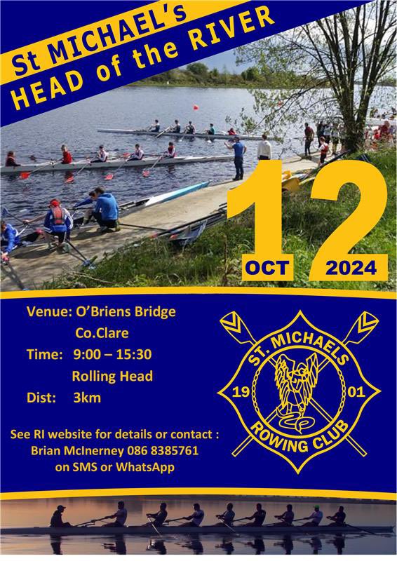 ❗️Junior and Master Rowers❗️

Looking for an upcoming event to prepare for? 

St. Michael’s Head of the River is taking place this October 12th in O’Brien’s Bridge with a range of events for Junior and Master rowers! 

For further details check the event out on Rowing Ireland!