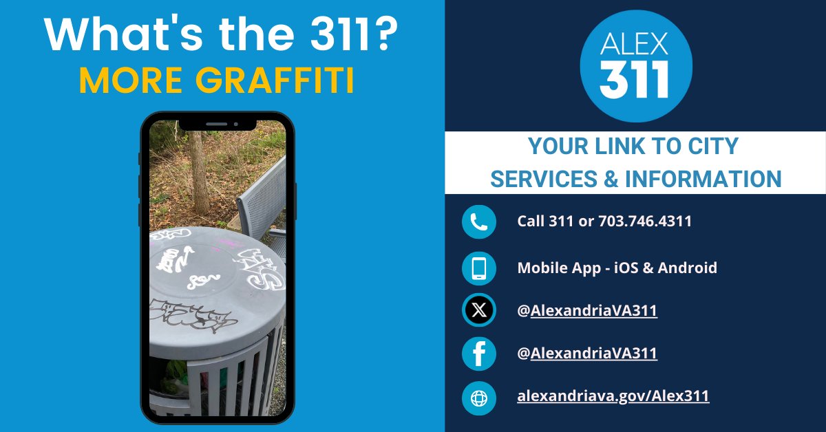 AlexandriaVA311's tweet photo. If you come across any graffiti, don't hesitate to report it to Alex311. Together, we can make a difference, one report at a time! #Alex311 #WhatsThe311 https://t.co/jTf99x1M8F