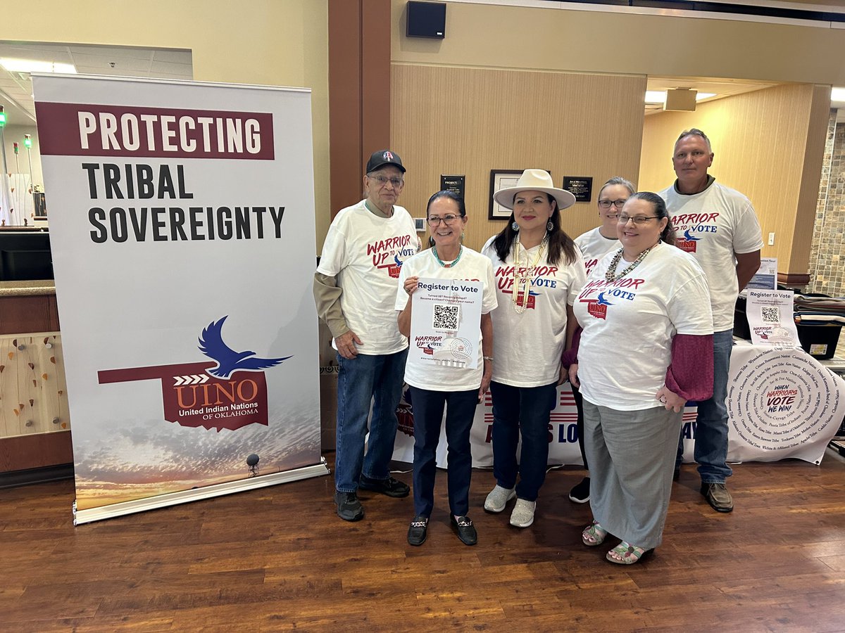 IndianNationsOK's tweet photo. Our #WarriorUpToVote tour kicked off yesterday in Miami, Oklahoma with the support of nine tribal nations in Ottawa County! ๐ชถ Special thanks to leaders of the Quapaw, Shawnee and Wyandotte Nations for sharing with citizens why the #NativeVote is so critical in 2024! ๐ณ๏ธ https://t.co/u2BT7f5KkK