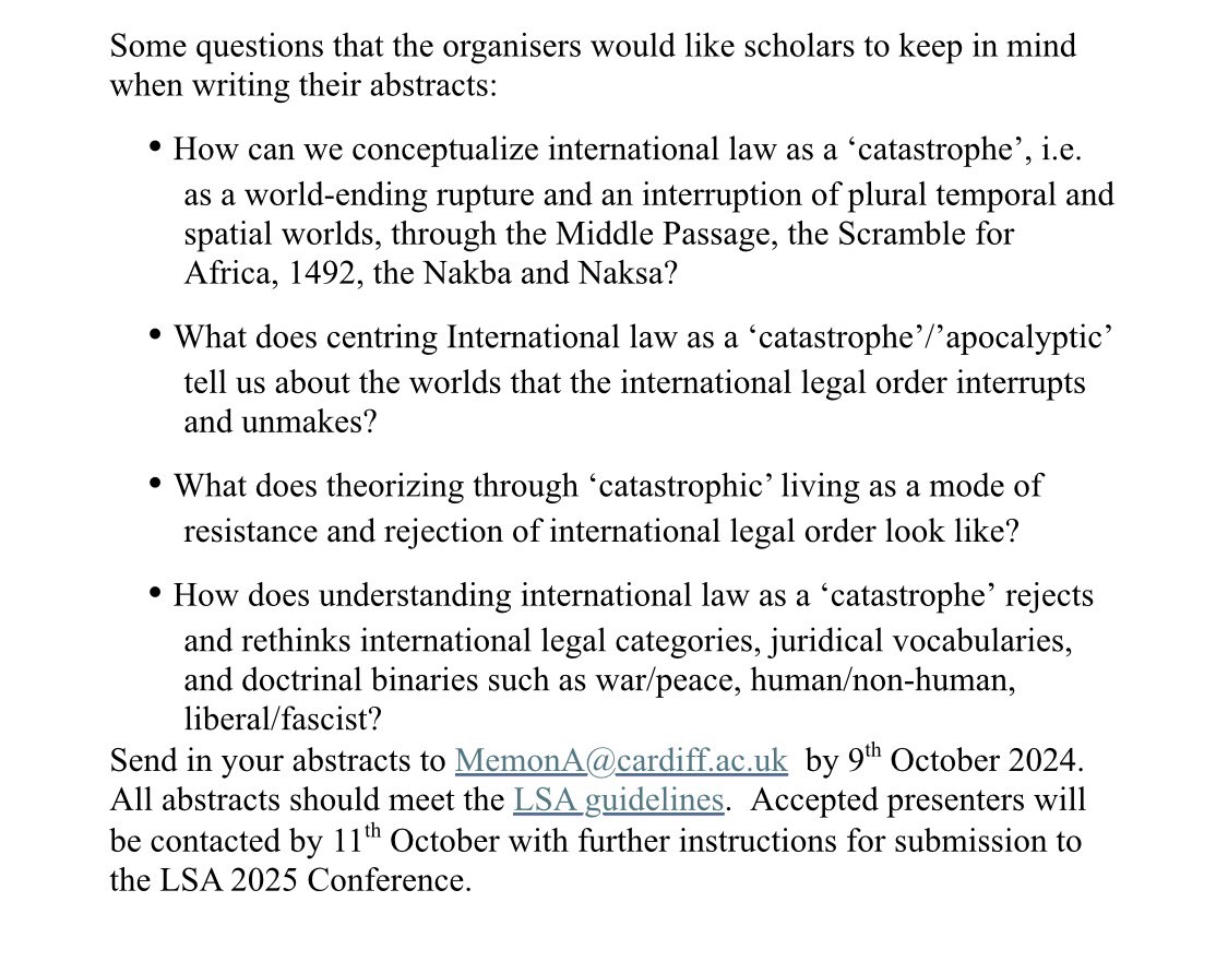 Anamika (@walking_killjoy) on Twitter photo My all-time partner in crime Ahmed Memon and I are plotting a conversation on international law as a world-ending catastrophe at LSA Chicago 2025, come join us 👀
Send in your abstracts to MemonA@cardiff.ac.uk by 9th October 2024. My all-time partner in crime Ahmed Memon and I are plotting a conversation on international law as a world-ending catastrophe at LSA Chicago 2025, come join us 👀
Send in your abstracts to MemonA@cardiff.ac.uk by 9th October 2024.