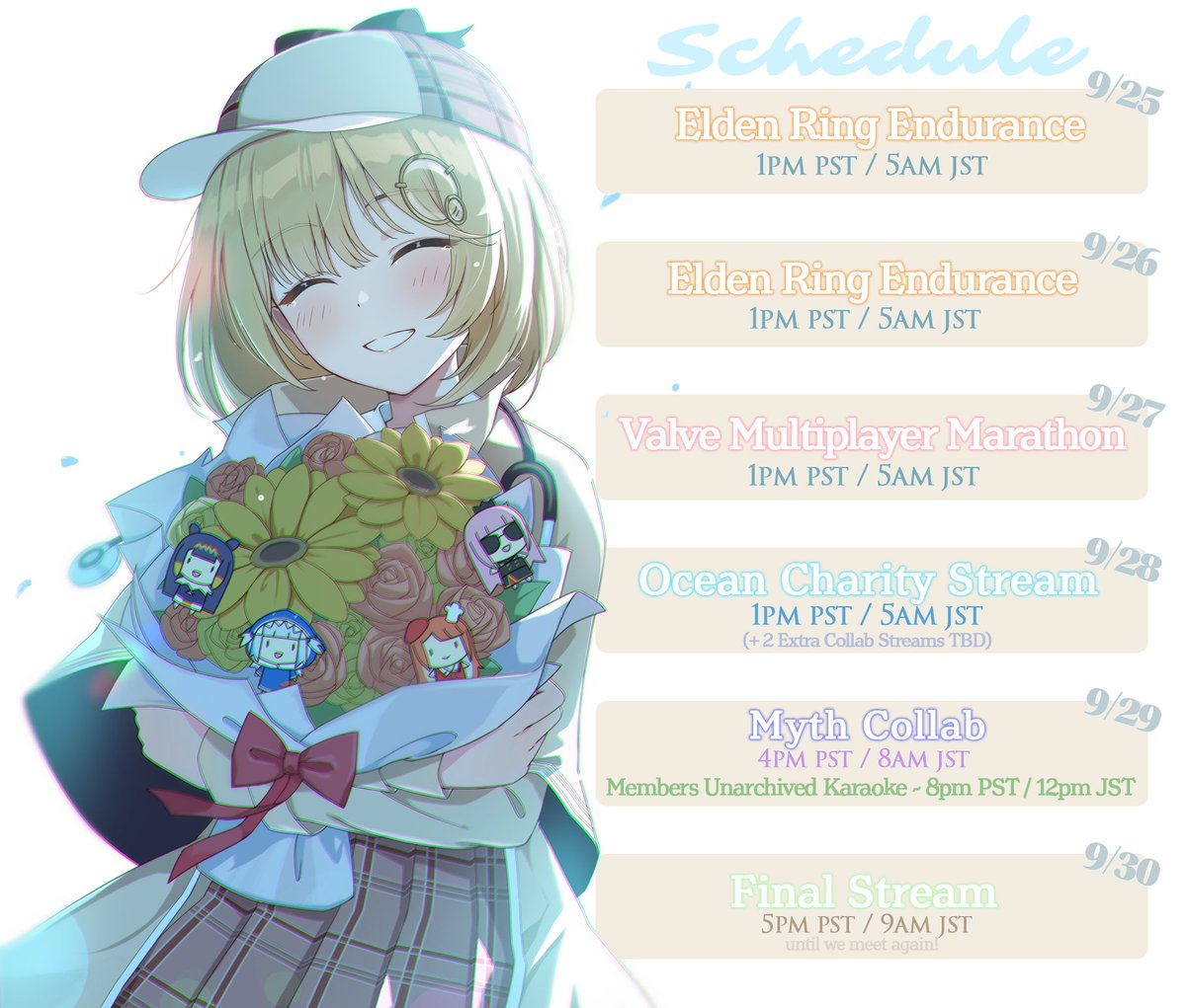 watsonameliaEN's tweet image. Schedule for 9/25 - 9/30! 🌻🍂💛