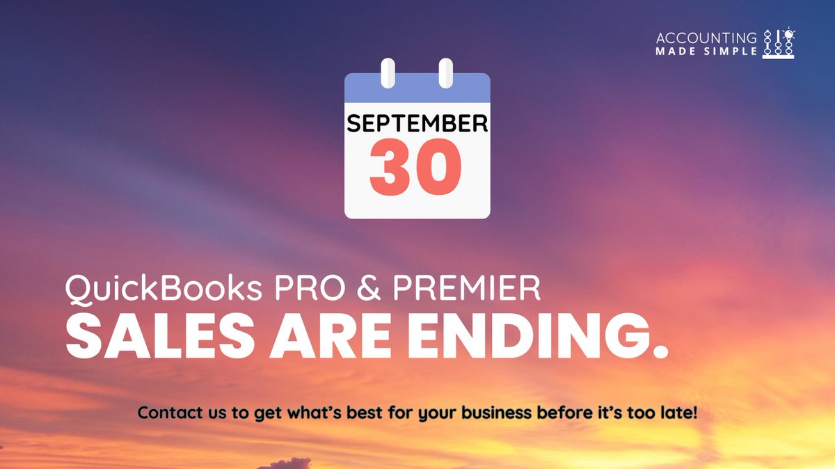 QBteach's tweet photo. QuickBooks sales of new Pro &amp; Premier subscriptions are ending on 09/30. QuickBooks Online is great for some businesses but not all. You still have desktop options at better pricing than you may think. We can help you decide what's best for your business. https://t.co/DH8A6kbVBN https://t.co/eBWpVcSonT