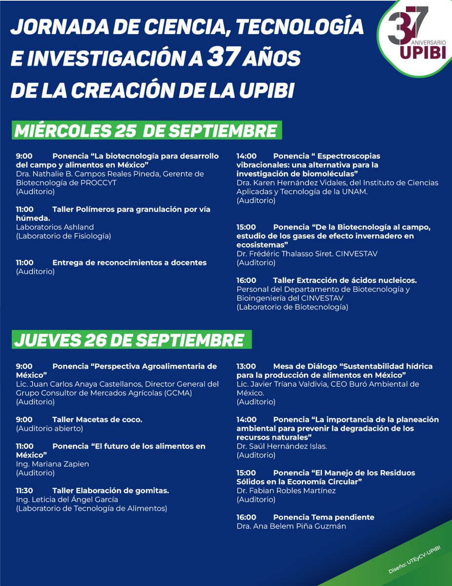 ¡Sigue el festejo! Te esperamos en el Auditorio Raúl Eric Talán Ramírez para participar en los eventos de este miércoles y jueves. Consulta el calendario completo en acortar.link/27AnivUPIBI
#UPIBI37Aniversario