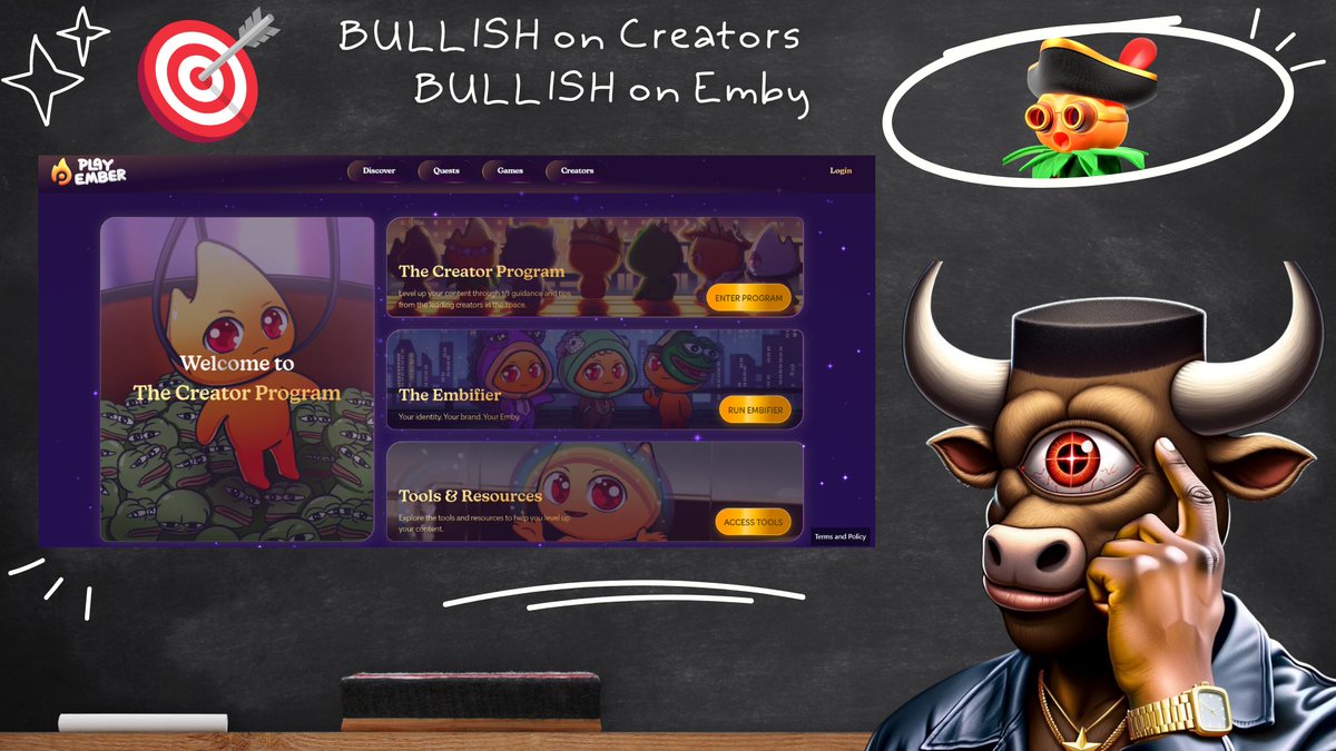 It's time for The BULLS-EYE. 🎯
<a href="/play_ember/">Playember</a> has just announced The Emby Creator Program!! 💥👁️
Huge rewards, and ANYONE can participate... 
🧵Here's the alpha 👇