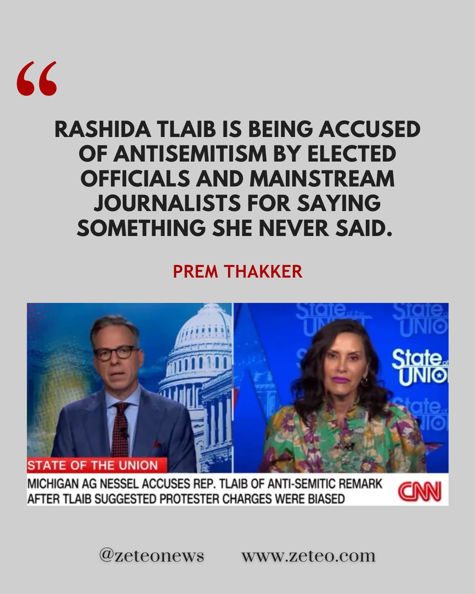 zeteo_news's tweet photo. Mainstream news and government officials helped fabricate and spread a lie that Rep. Rashida Tlaib made an antisemitic comment.
Read @prem_thakker’s breakdown of how the lie started, spread, and was picked up on by high-profile journalists and officials:
https://t.co/OXj1i94985 https://t.co/qU9mzZmUun