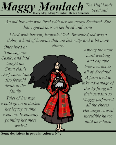 BriefBestiary's tweet photo. A 2ft (0.6m) industrious brownie, not to be angered. One tale involves the death of her son. Tricked by an intruder and mortally wounded by a whole pot of boiling water.
When she learned of truth, Maggy got so mad she threw a stool at the culprit with lethal force. https://t.co/fJtZL90ZjL